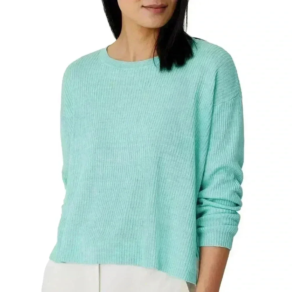 Eileen Fisher Mint Green Organic Linen Delave Round Neck Pullover size Medium